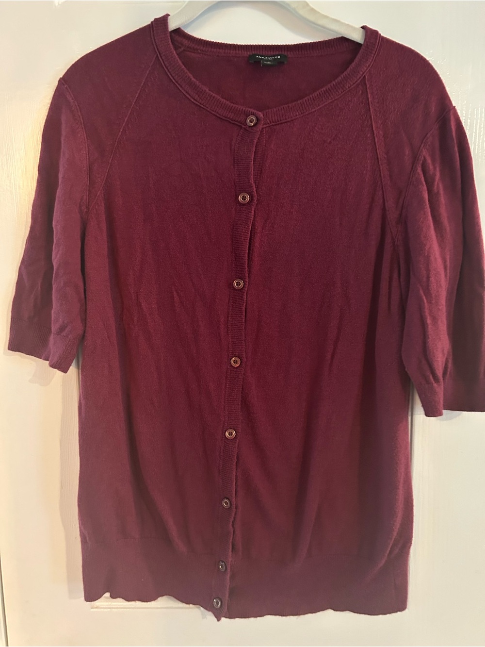 Ann Taylor Short-Sleeve Button Cardigan - Burgundy